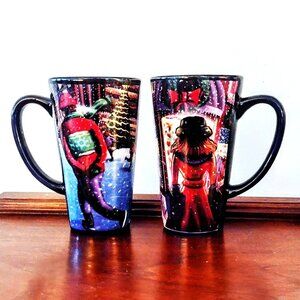 DesignPac Inc. 6" Tall Winter Holiday Coffee Mugs ~ Dark Blue ~ Set of 2 ~  EUC